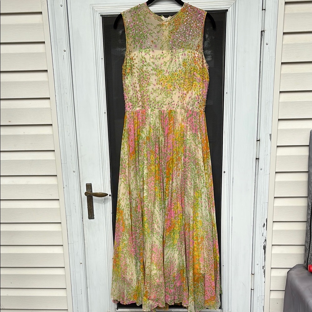 NAT KAPLAN SAKS FIFTH AVE Yellow Orange Pleat Crystal Maxi Silk Dress-VINTAGE